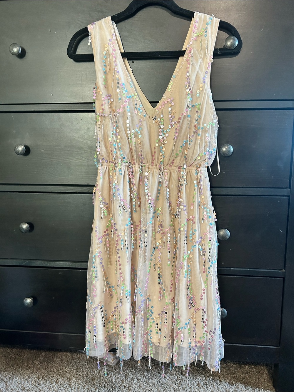 Beaded Nude/Champagne V-Neck Maxi Dress